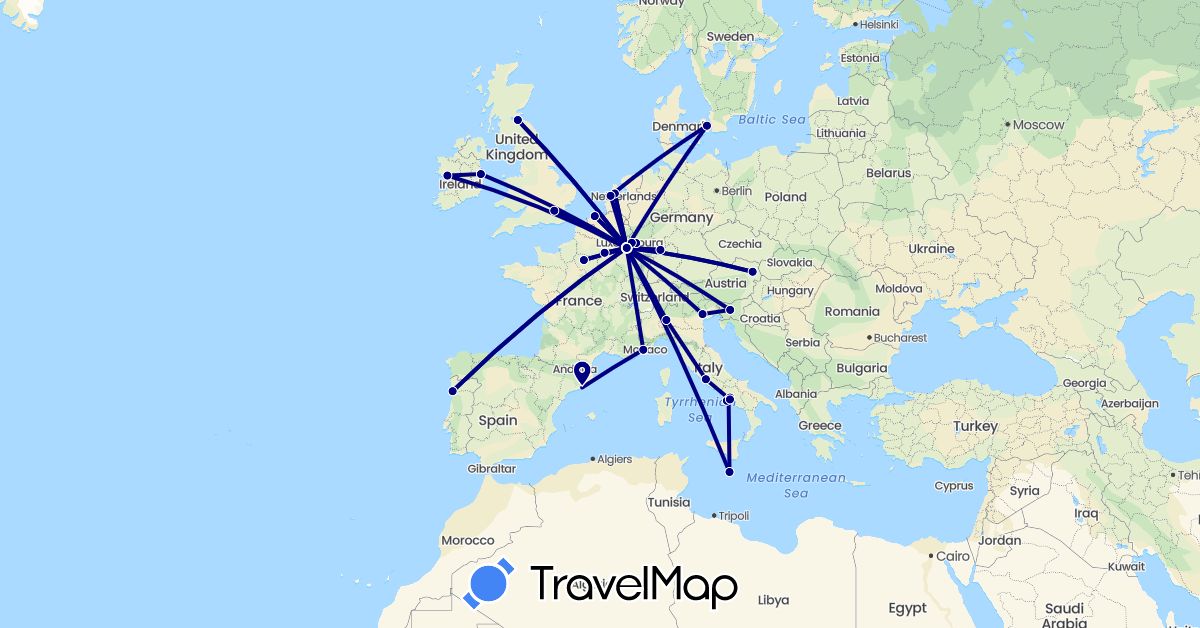 TravelMap itinerary: driving in Austria, Belgium, Germany, Denmark, Spain, France, United Kingdom, Ireland, Italy, Luxembourg, Malta, Netherlands, Portugal, Slovenia (Europe)